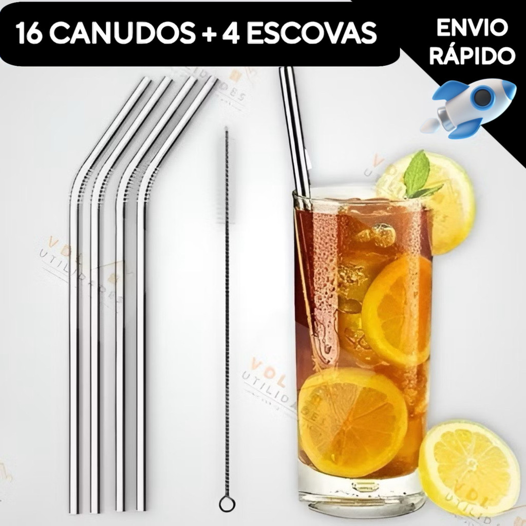 Jogo de Canudos 5/10/15/20 Reto, Curvo e Escovinha Limpeza Inox