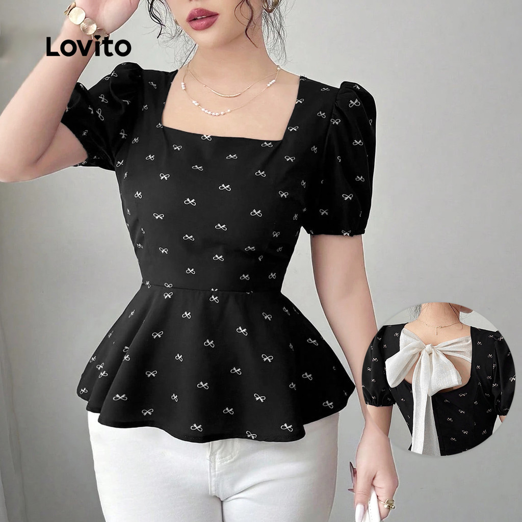 Lovito Blusa Casual com Amarração Primavera/verão Blusa Preta para Mulheres L164LD011