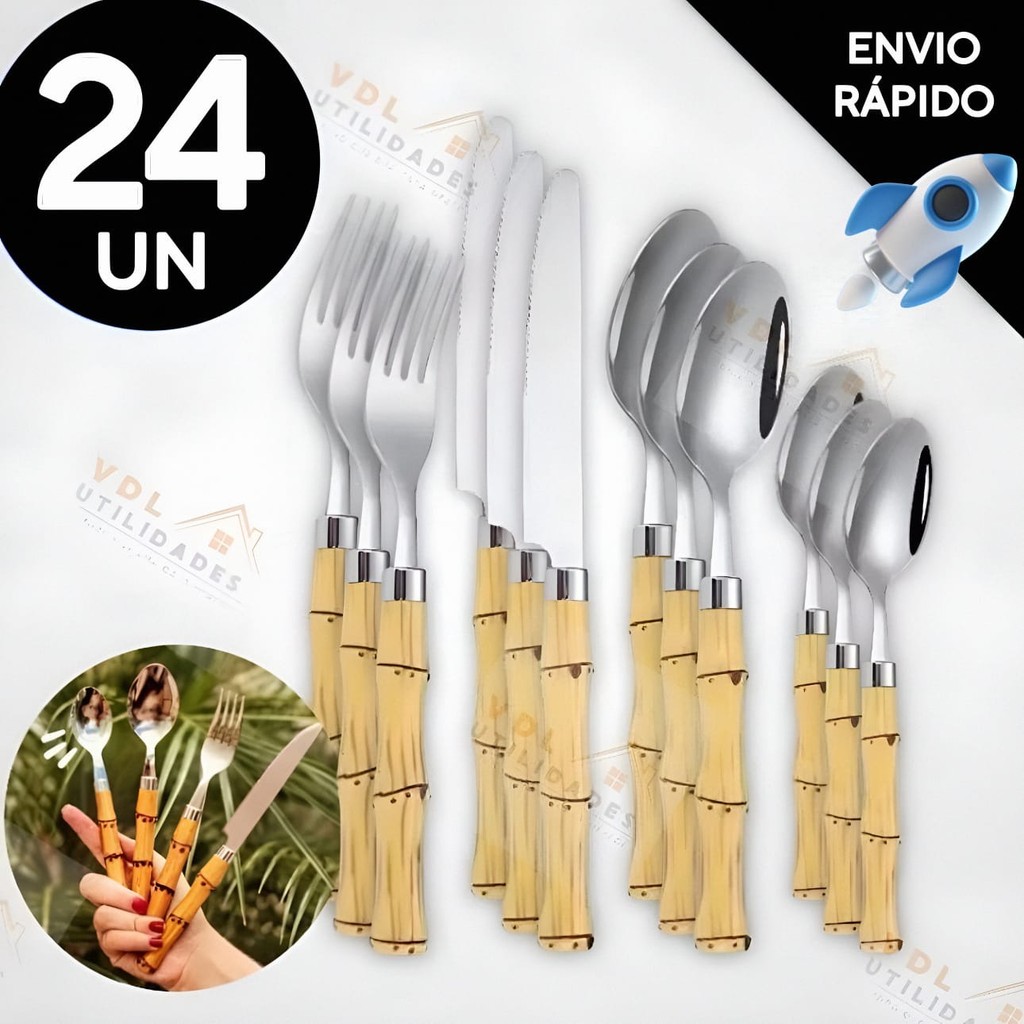 Jogo de Talheres 24 Peças Faca Garfo Colher e Colheres de Sobremesa Em Aço Inox de Cabo Plástico Bambu