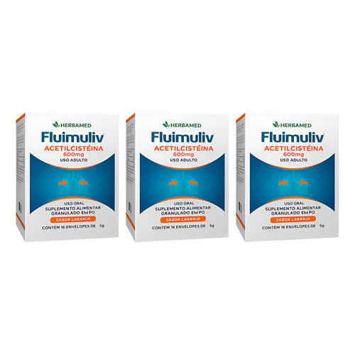 Kit 3 Fluimuliv Acetilcisteína 600mg Laranja 16 Envelopes
