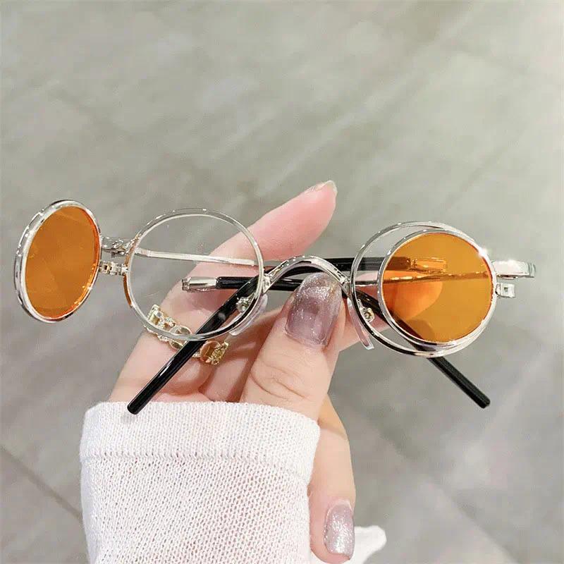 Óculos de Sol Redondos Estilo SteamPunk, Óculos de Sol Vintage Dobráveis Pequenos para Mulheres, Óculos de Sol Masculino