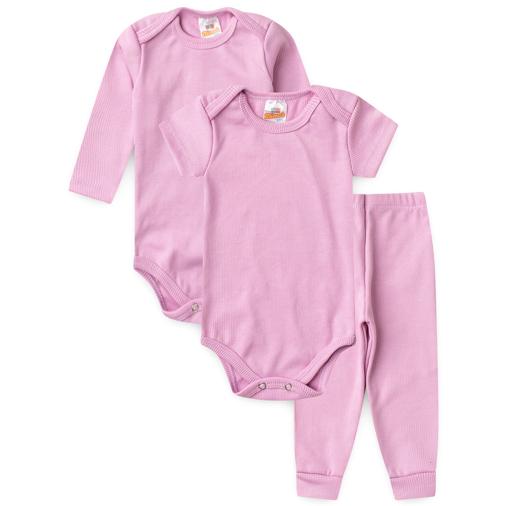 Kit body Bebê 3 peças, Manga Longa + Manga Curta E Calça Ribana lisos Roupas de Bebê