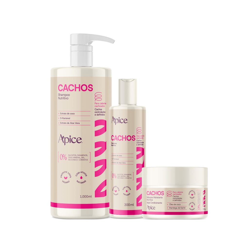 Kit Ativador 1L, Shampoo e Máscara Cachos Nova Fragrância - Apice