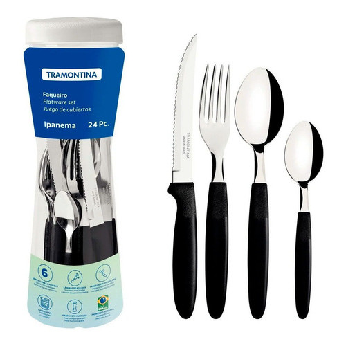 Faqueiro Ipanema Aço Inox E Cabo 24 Peças Preto Tramontina COM POTE em Oferta na Shopee