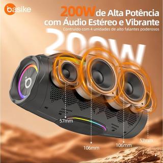 Basike Caixa de Som Bluetooth 200 W RMS, Bass Boost, IPX6, Bateria 20.000 mAh e Luzes RGB