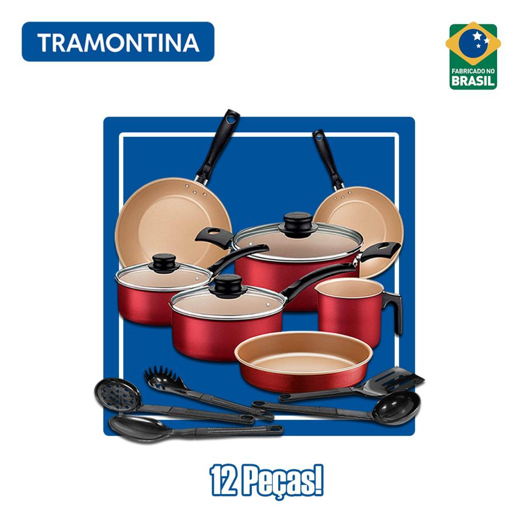 Detalhes do Jogo de Panelas Tramontina Turim com Assadeira 7 Peças Vermelho com Kit de Utensílios Preto 12 Peças