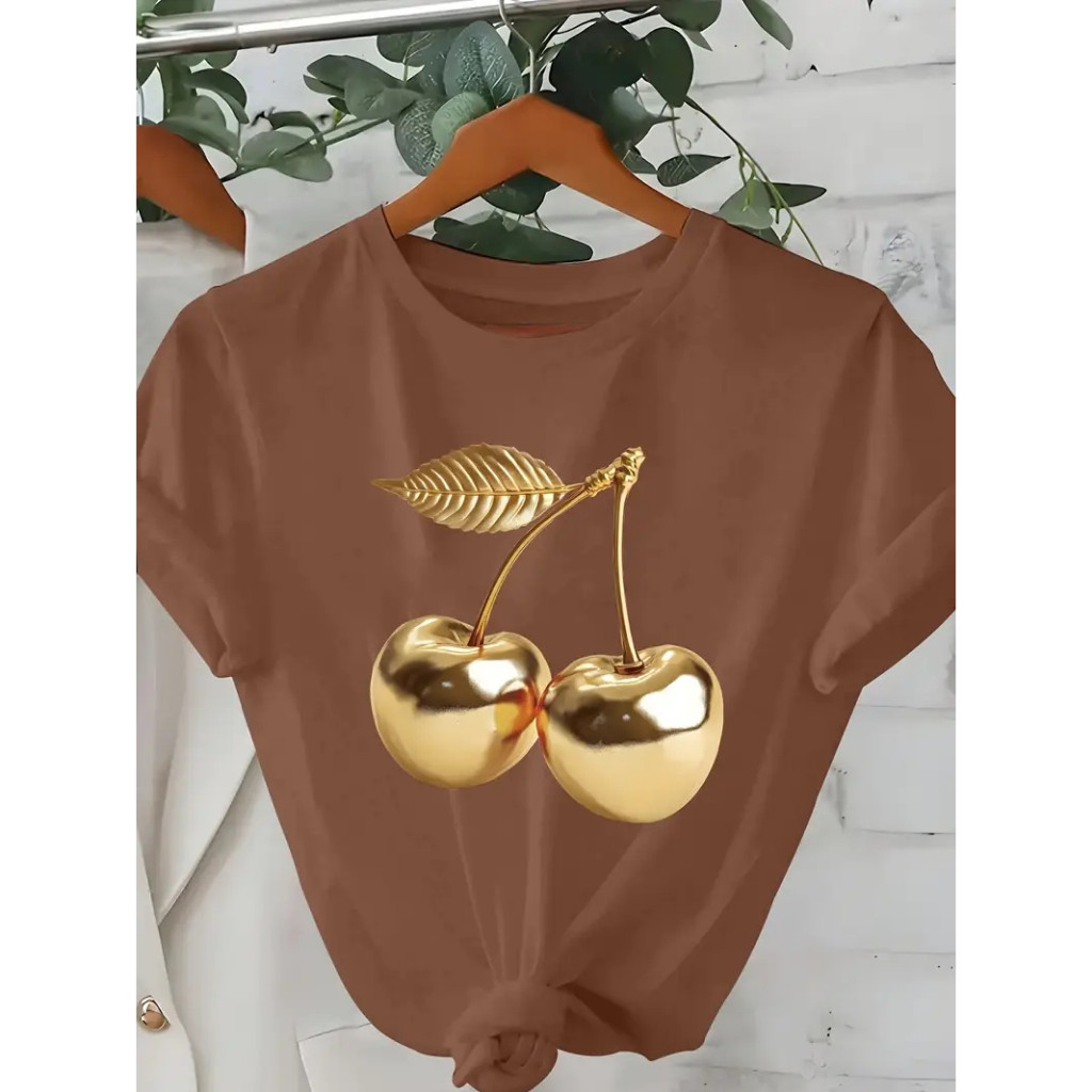 T-Shirt Feminina Camiseta Basica Algodão100% Estampa Cereja Gold Fashion e Moderna em Oferta na Shopee