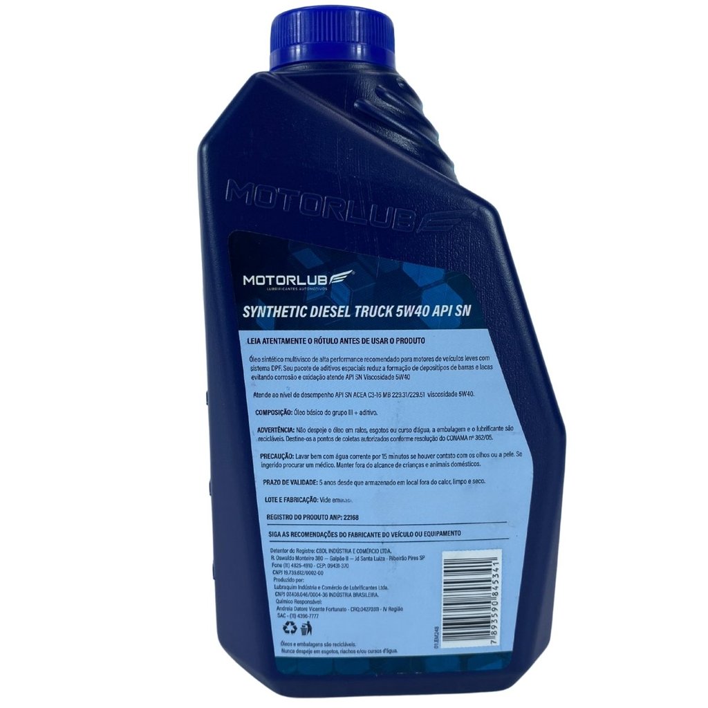 Oleo Motor Motorlub 5W40 Diesel Acea C3 Sintético 1L — imagem 2 de 2