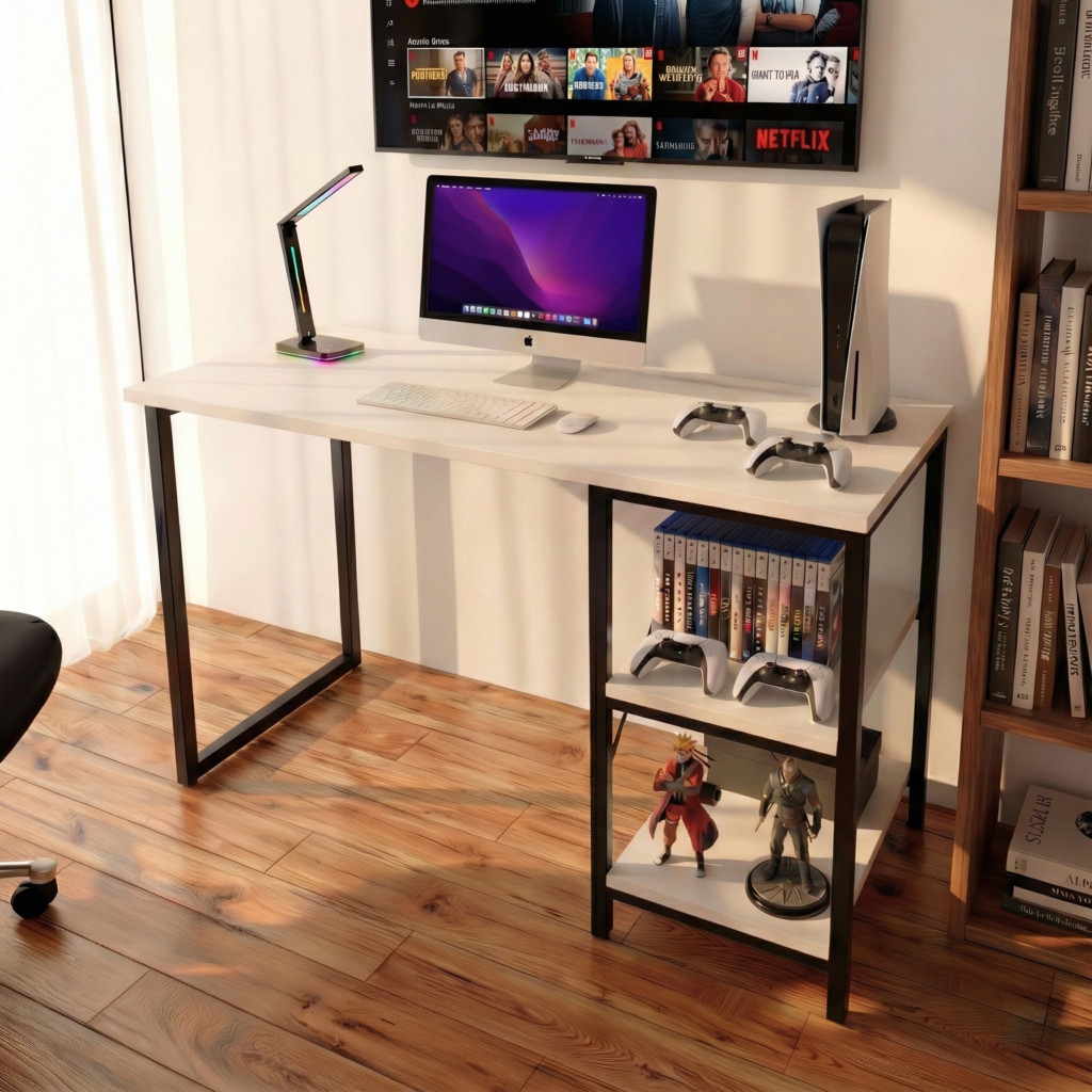 Mesa Escrivaninha com Nichos Home Office Estudo Gamer Industrial Escritório 120cm