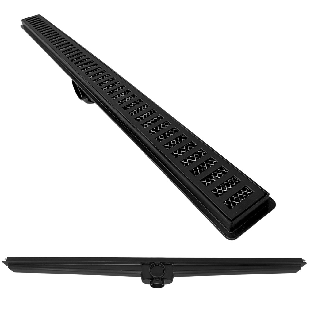 Ralo Linear Preto 70cm x 5cm Alumínio Vazado com Coletor Preto Saídas 40mm com Tela (5cm x 70cm)