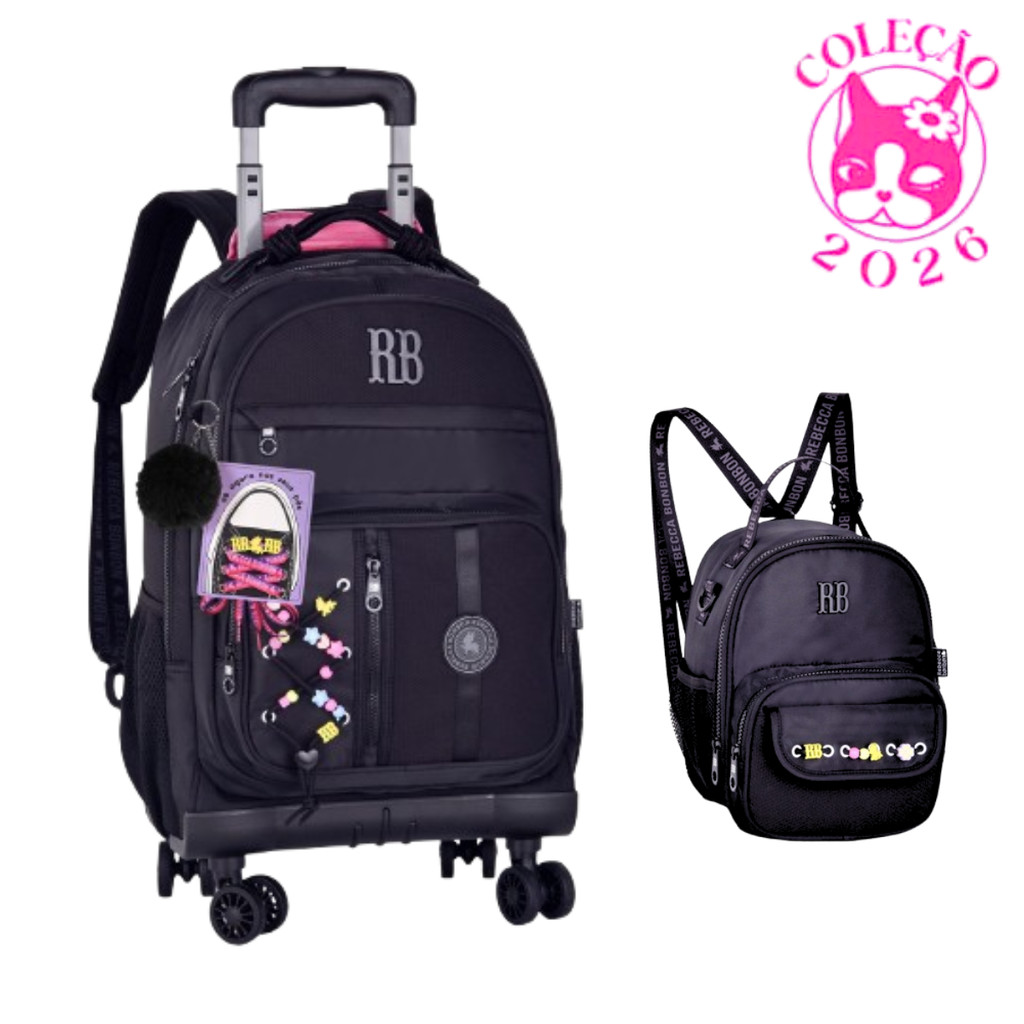 Kit Mochila de Rodinhas 360º Com par de Cadarços e Lancheira Rebecca Bonbon Beaded Fun Cor:Preto