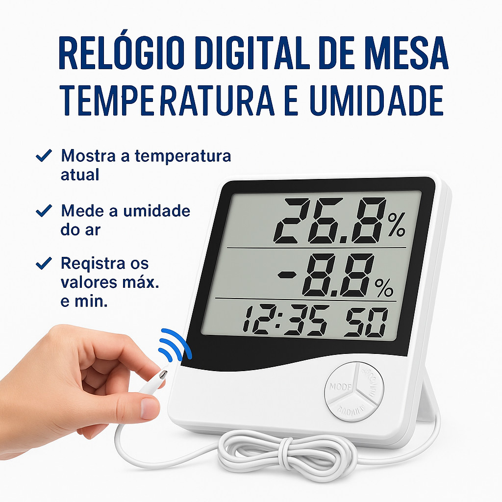 Medidor Digital de Temperatura e Umidade Termo Higrômetro com Máx/Mín Relógio e Alarme