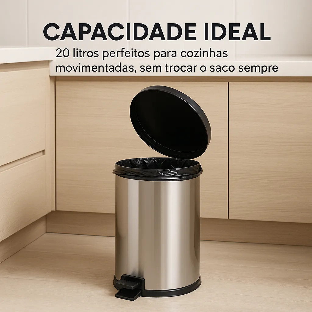 Lixeira Inox 20l Pedal Tampa Anti-odor Cozinha Banheiro Preta