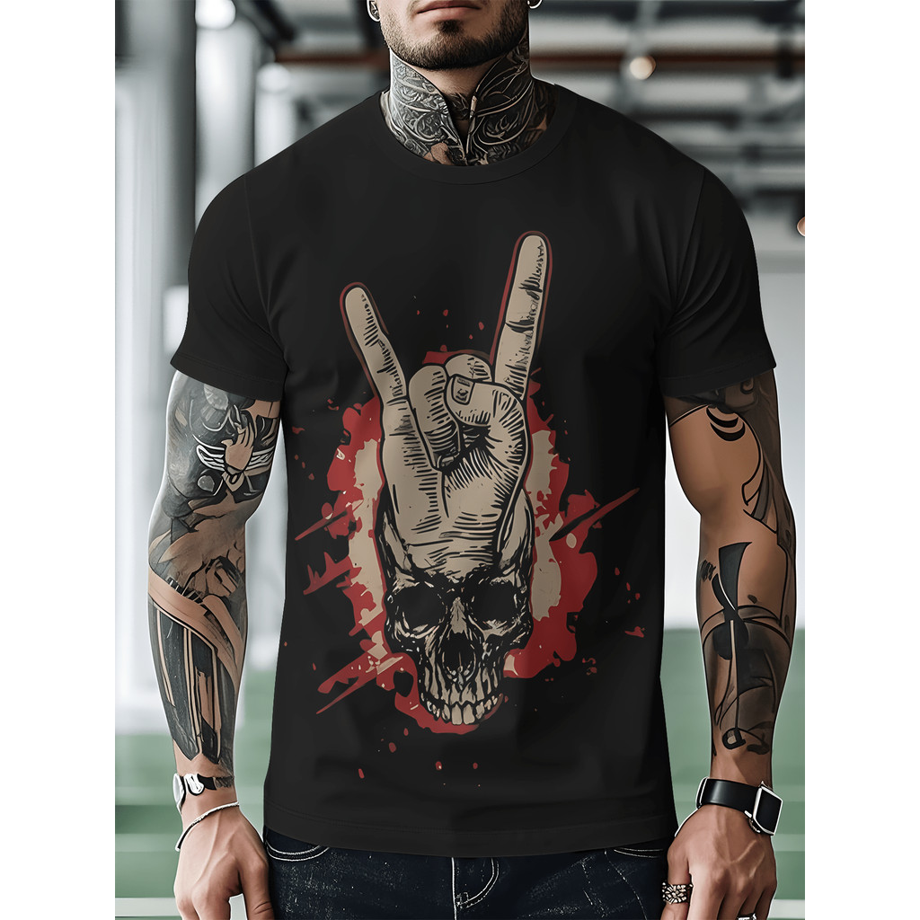 Camiseta Masculina Gótica Caveira Gestos Mão Rock Heavy Metal Estampada Confortável Estilosa Divertida Concertos