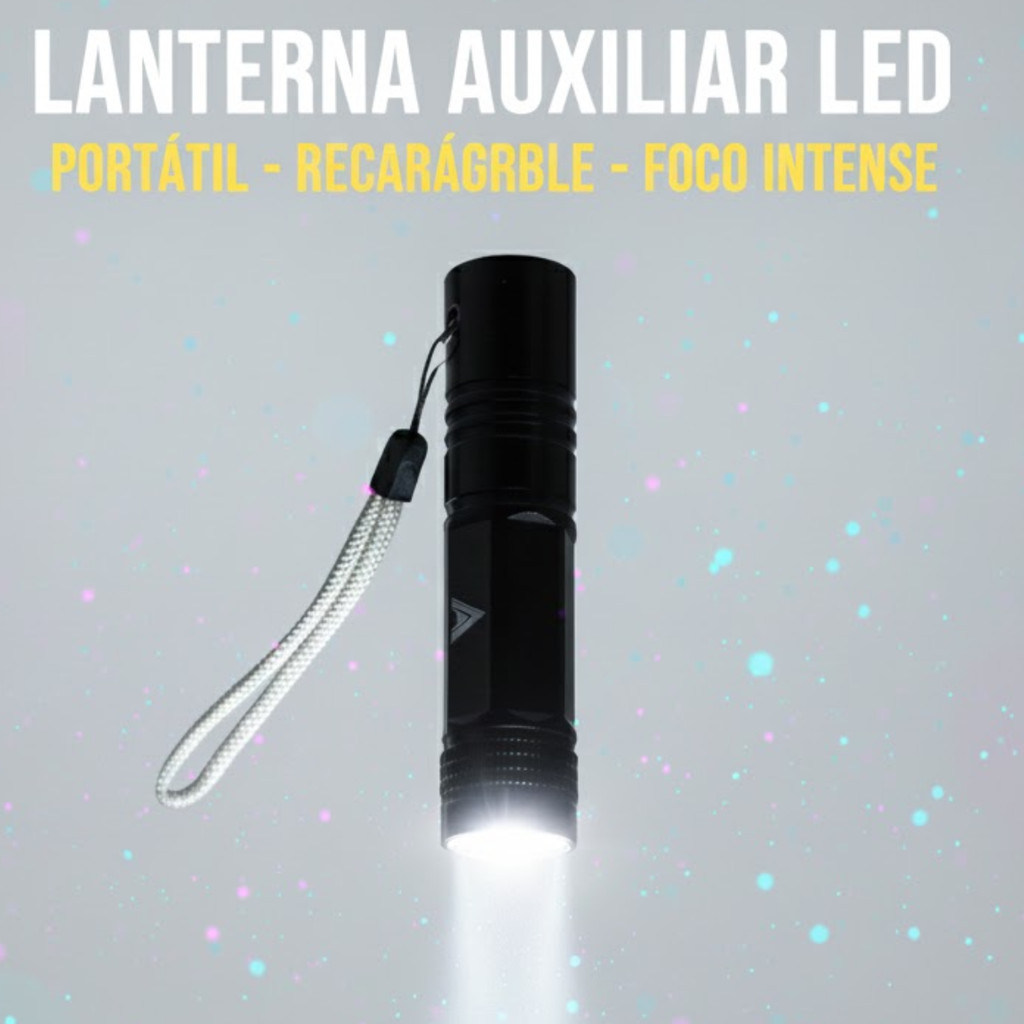 Lanterna Tática LED Portátil Recarregável Luz Potente Corpo Alumínio Preta Para Camping Emergência Trilhas Compacto