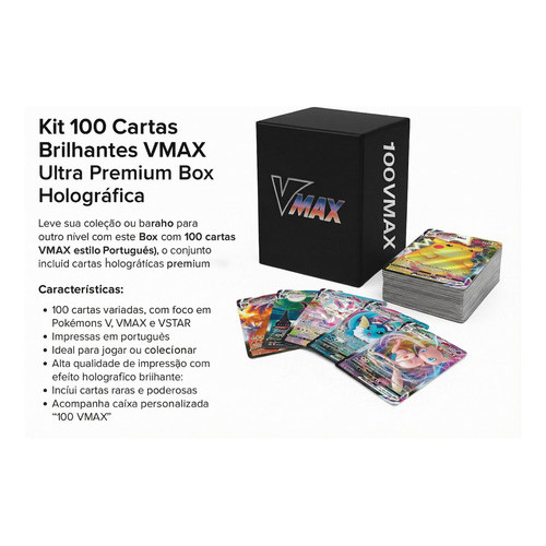 Kit 100 Cartas Pokémon Português Vmax Box Ultra Premium Box 100 Vmax Português Do Brasil