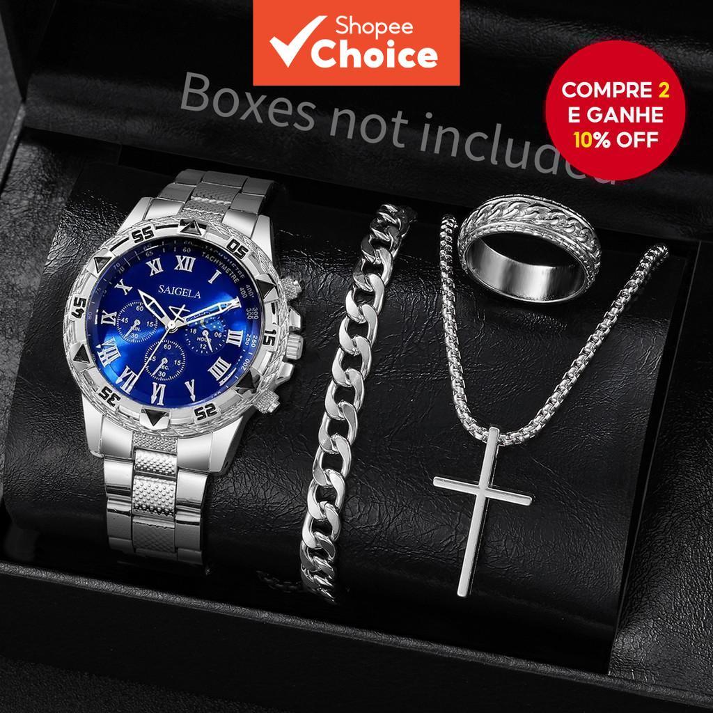 Conjunto De Relógio De Quartzo 4 Unidades De Luxo Com Mostrador Grande , Negócios Elegantes Para Homens Sem Caixa em Oferta na Shopee