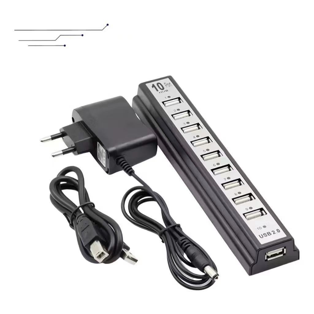 Hub USB 2.0 com 10 Portas – Adaptador com Fonte, Ideal para PC e Notebook
