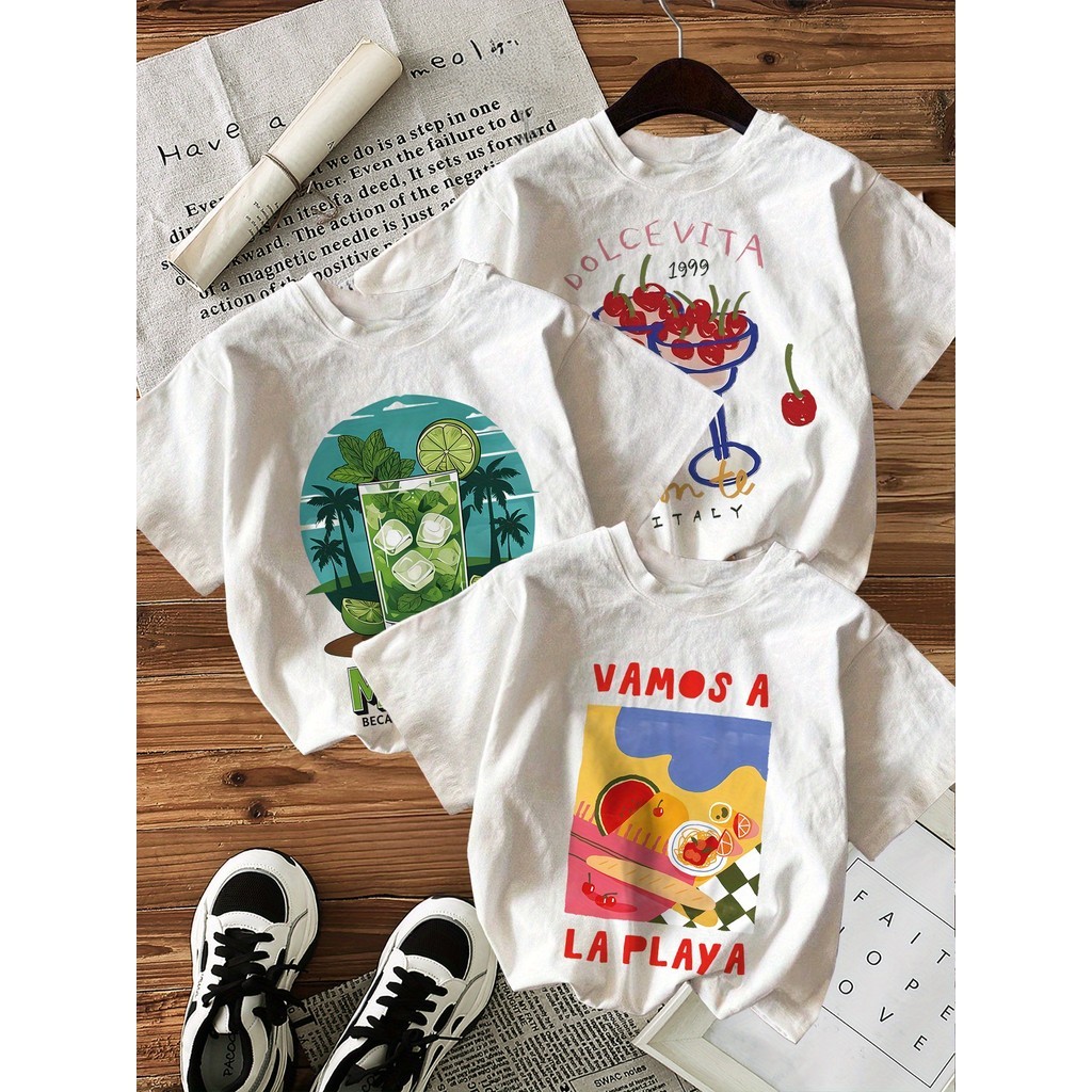 kit 3 t shirt estampada, manga curta e gola redonda casual para verão e primavera, moda feminina