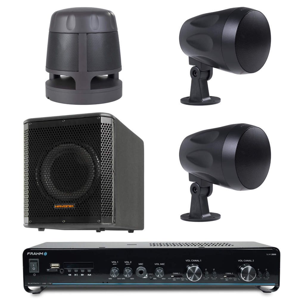 Kit Som: Caixa Subwoofer + HS Eco Garden 360º + Amplificador Slim + 2 HS Eco Garden Flex