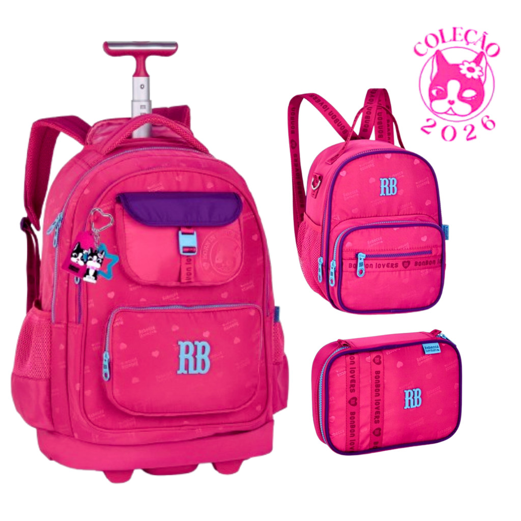 Kit Mochila de Rodinhas com Lancheira e Estojo Rebecca Bonbon Urban Mix Cor:Rosa