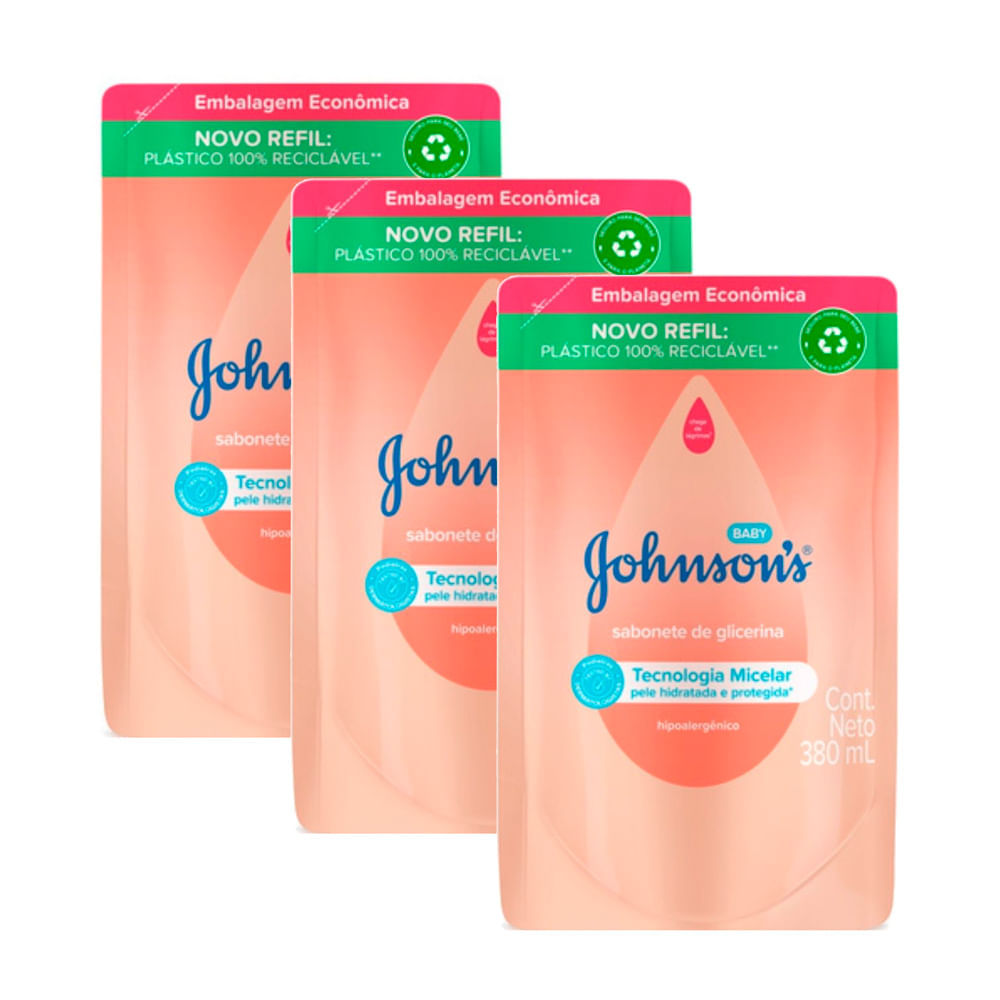 Kit 3 Sabonete Líquido de Glicerina Johnson's Baby Refil 380ml