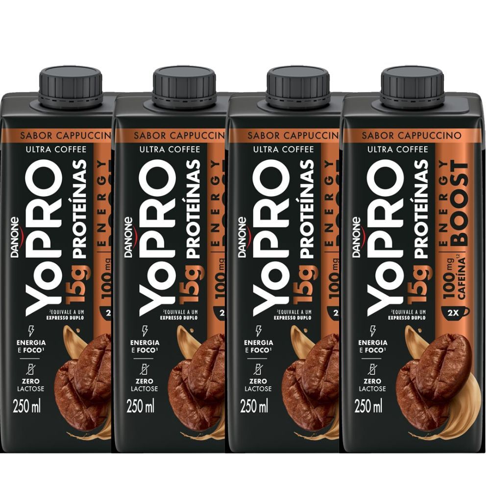 Kit 4 YoPRO Energy Boost UHT Cappuccino 15g de Proteínas 250ml em Oferta na Shopee
