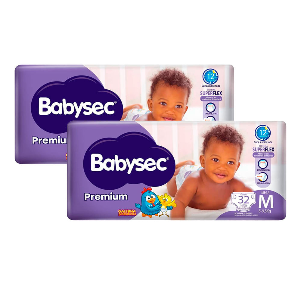 Kit 2 Fralda Babysec Premium Tamanho M Pacote Mega com 32 Unidades Descartáveis em Oferta na Shopee