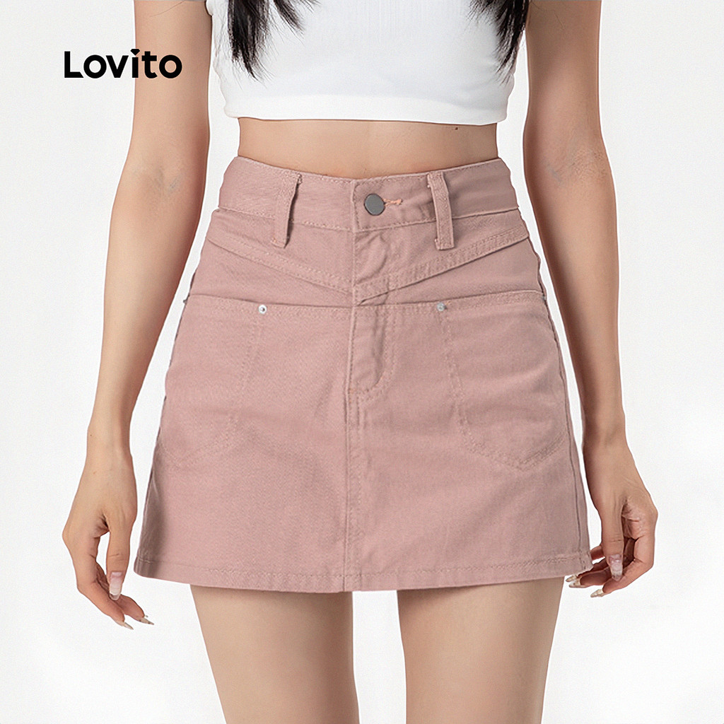 Lovito Saias Jeans Casuais Clássicas Versáteis Lavagem Crua Bolsos Primavera/verão Cinza E Rosa Para Mulheres LNE121026 em Oferta na Shopee