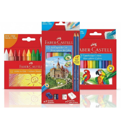 Kit Faber Castell 12 Canetinhas + 12 Ecolápis de Cor com 2 Lápis de Escrever Apontador e Borracha + Giz de Cera 12 Cores
