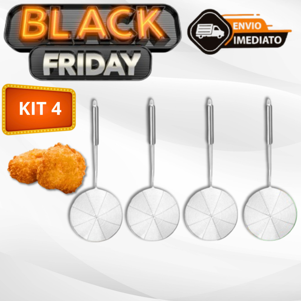Kit 04 Escumadeira Para Fritura em Aço Inox De Pastel Batata Salgado Peneira Resistente Para Cozinha