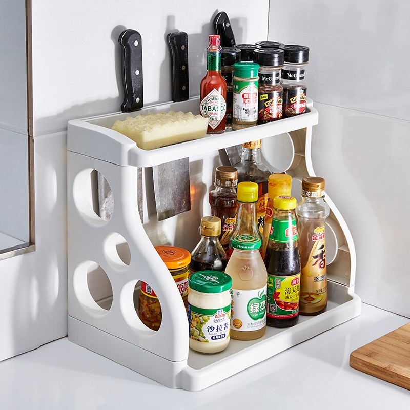 Plástico dupla camada tempero rack tempero suprimentos rack de armazenamento chão faca rack multifuncional utensílios de