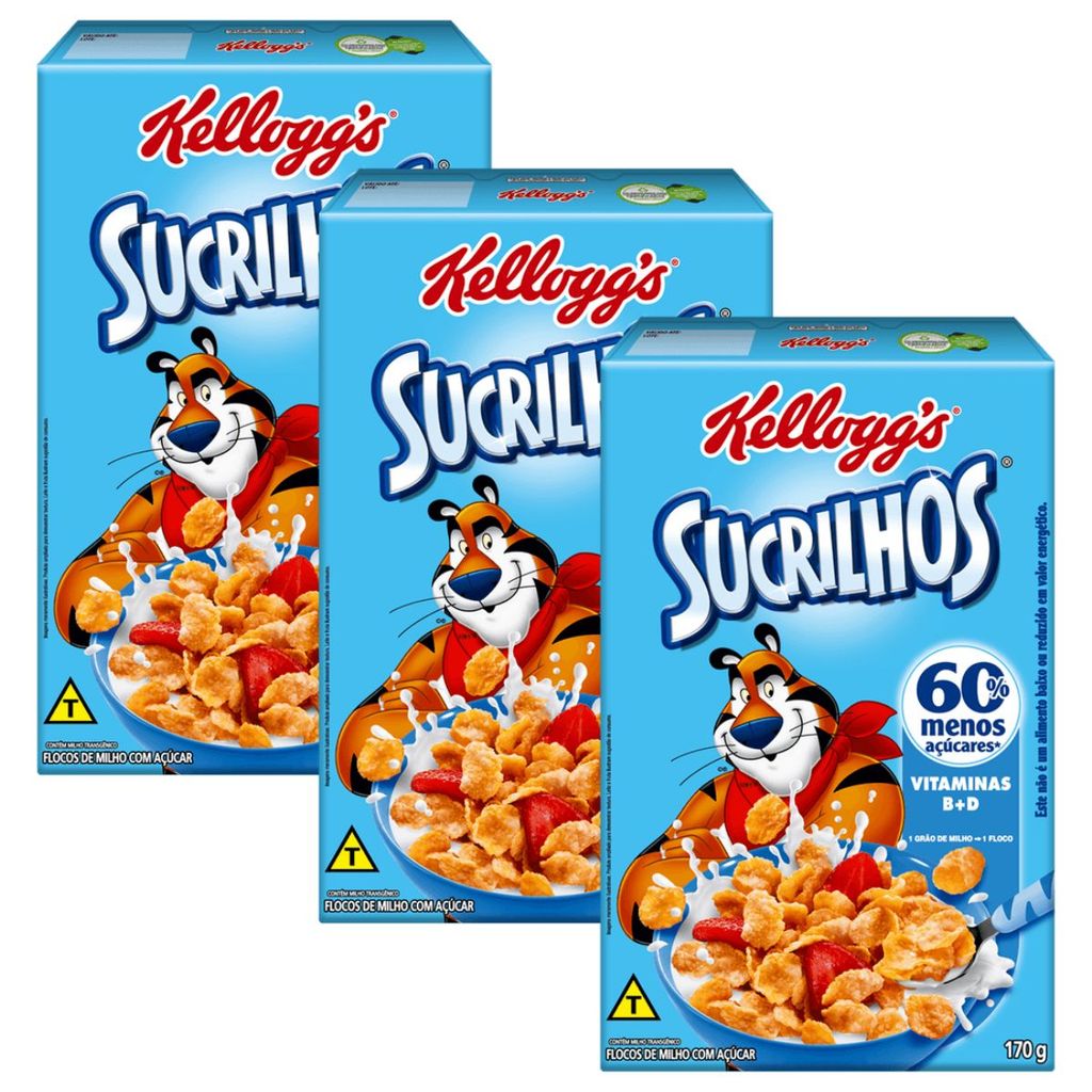 Pack 3un Cereal Matinal Sucrilhos Kellogg's 60% Menos Açúcar caixa 170g