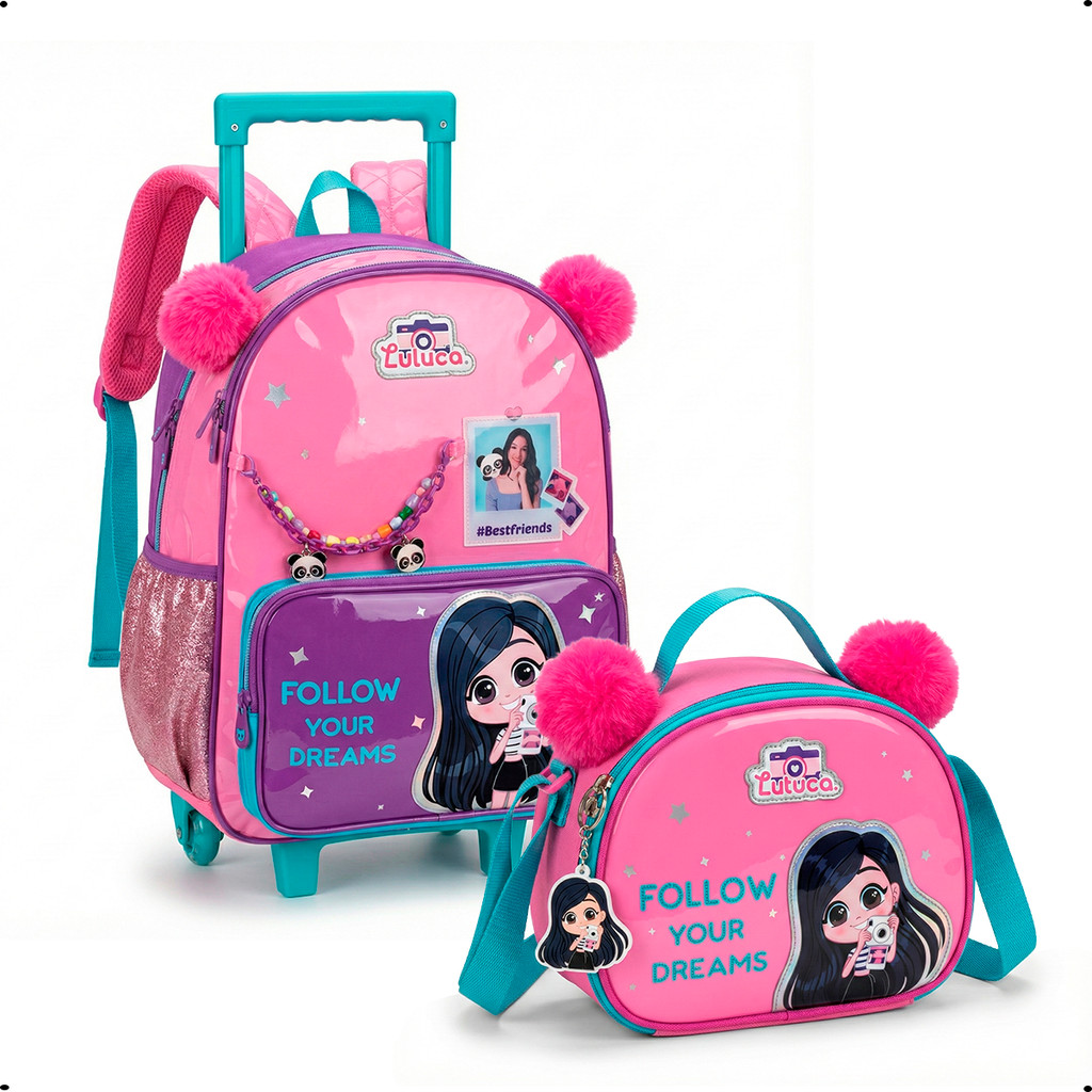Kit Mochila Carrinho Feminina Grande de Rodinhas e Lancheira Infantil Luluca