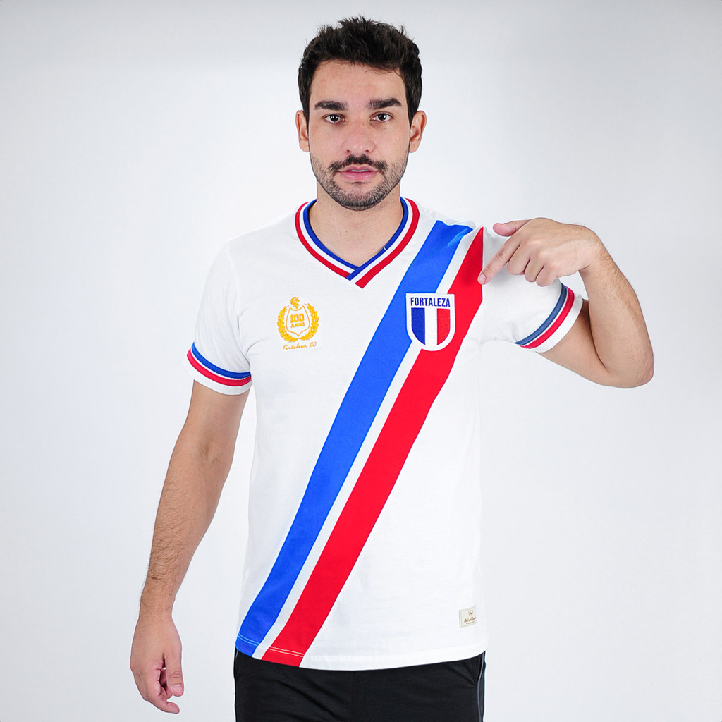 Camiseta de Time RetrôMania Fortaleza C. 1946 Branco Azul e Vermelho - Masculino em Oferta na Shopee