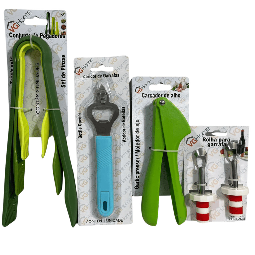 Kit Cozinha Mult Abridor Pegador Amassador Alho Tampa Rolha