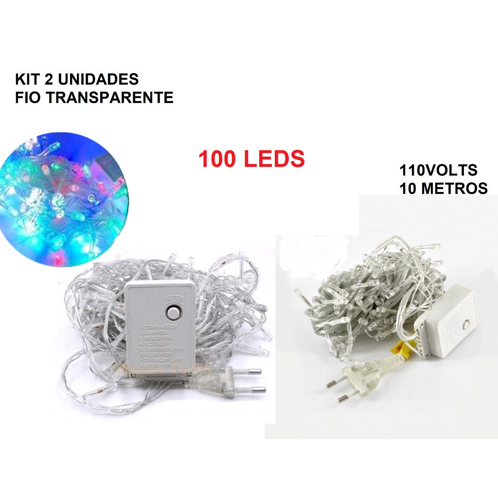 Kit 2 Caixa 100 Leds Pisca Pisca Fio Transparente 10 Metros 110V Natalino Decorativo Multicolorido