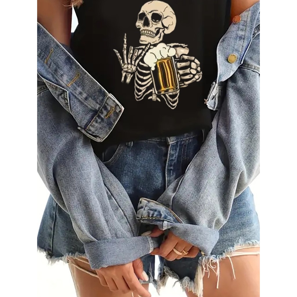 Camiseta Feminina Caveira Cerveja Regata Sleeveless Estampada Estilosa Confortável Despojada Verão