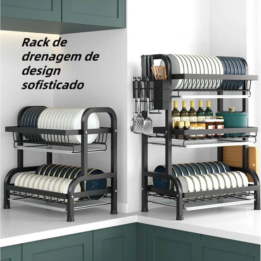Escorredor Duplo de Louças Preto Pia Cozinha Porta Talher Escorredor Organizador de Louças Inoxidável Rack