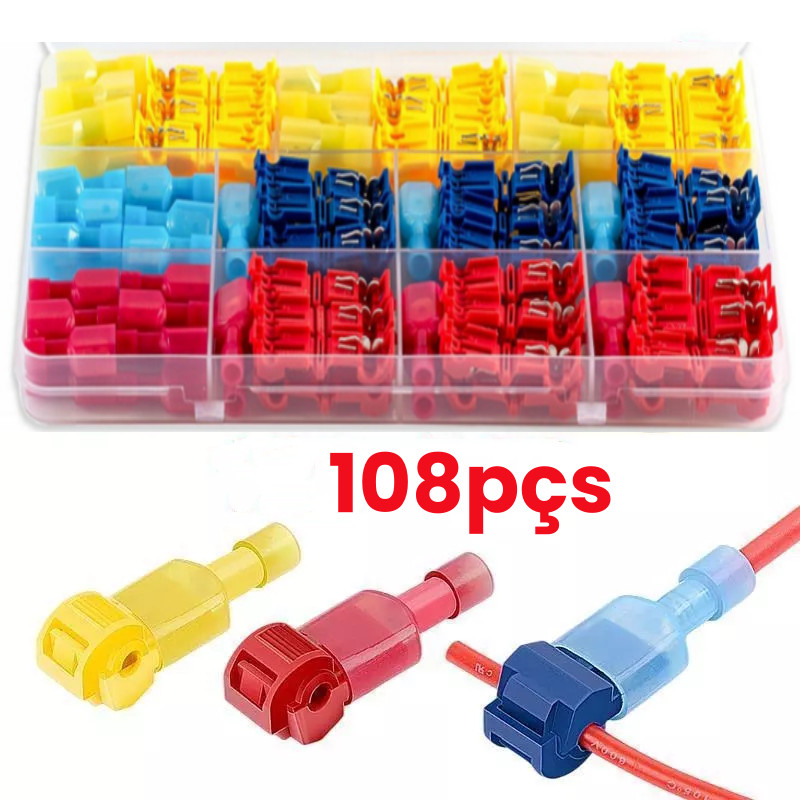 Terminal de Crimpagem Tipo T 108pçs, Clip de Conexão Rápido, Conector Elétrico Isolado Sem Descasca