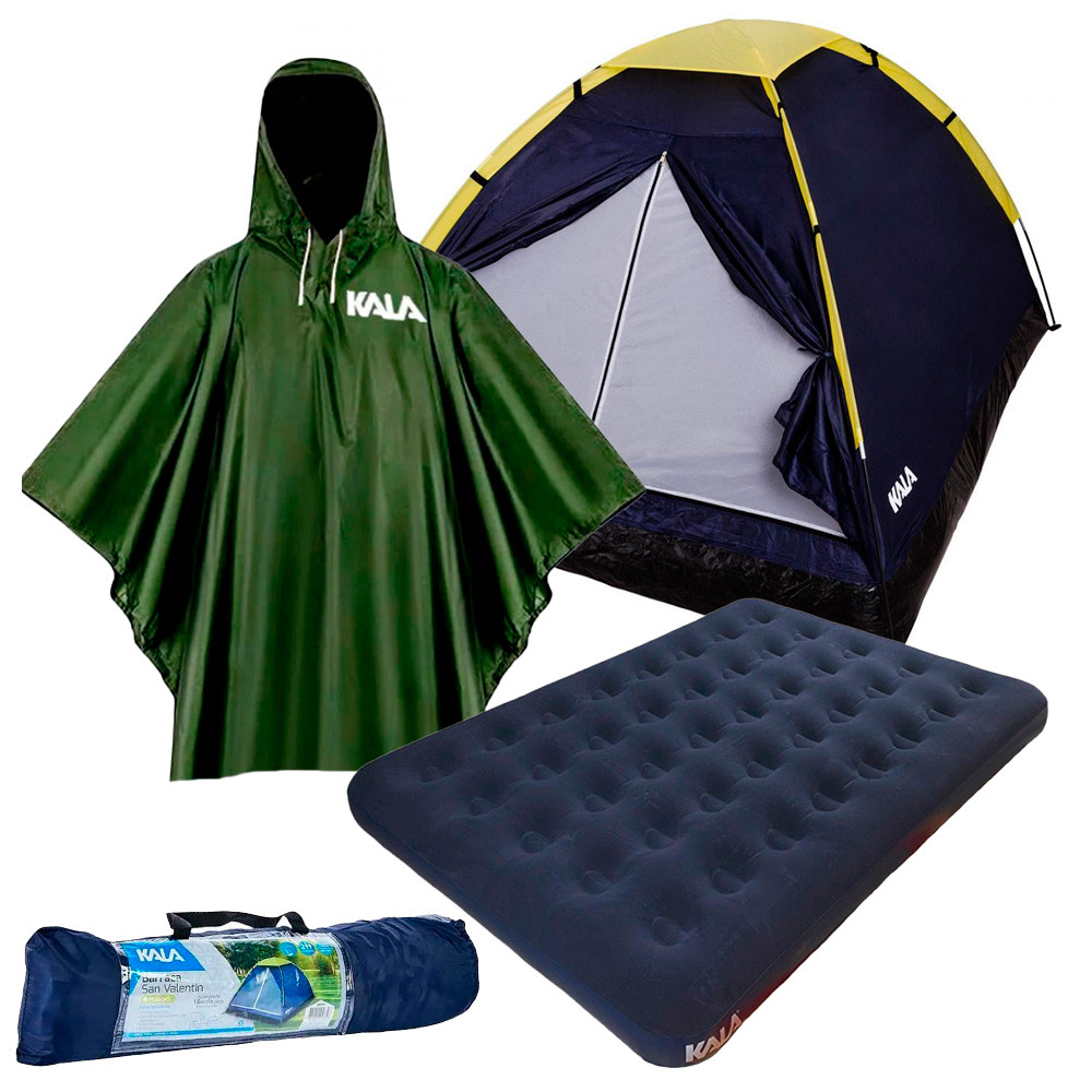 Kit Kala Camping Acampamento Poncho Barraca San Valentin 4 Pessoas Colchão Inflável de Casal