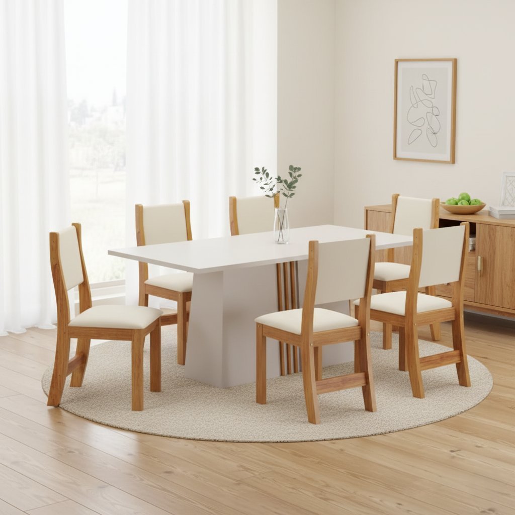 Conjunto Sala de Jantar Mesa Jordania com 6 Cadeiras Sol  Off White/Blonde/Mel/Bege em Oferta na Shopee