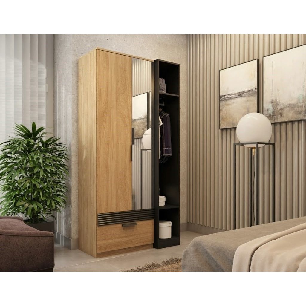 Guarda Roupa Solteiro com Espelho 2 Portas 1 Gaveta Capri  Amêndoa/Preto em Oferta na Shopee