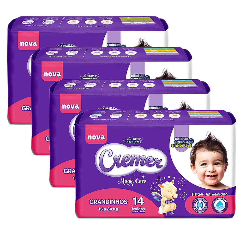 Kit 4 Fralda Cremer Magic Care Grandinhos Pacote Jumbo 14 Unidades Descartáveis em Oferta na Shopee