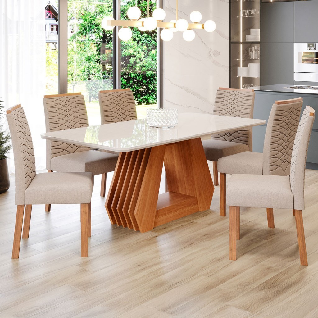 Mesa de Jantar 6 Lugares ágata Clarice com Vidro Cinamomo/Off White/Bege - Cimol