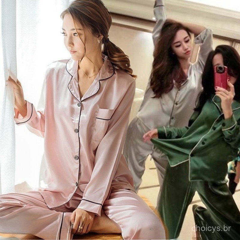 Pijamas de Cetim e Seda para Mulheres Conjunto de Pijamas de Manga Longa/Seda 010 SS 5142