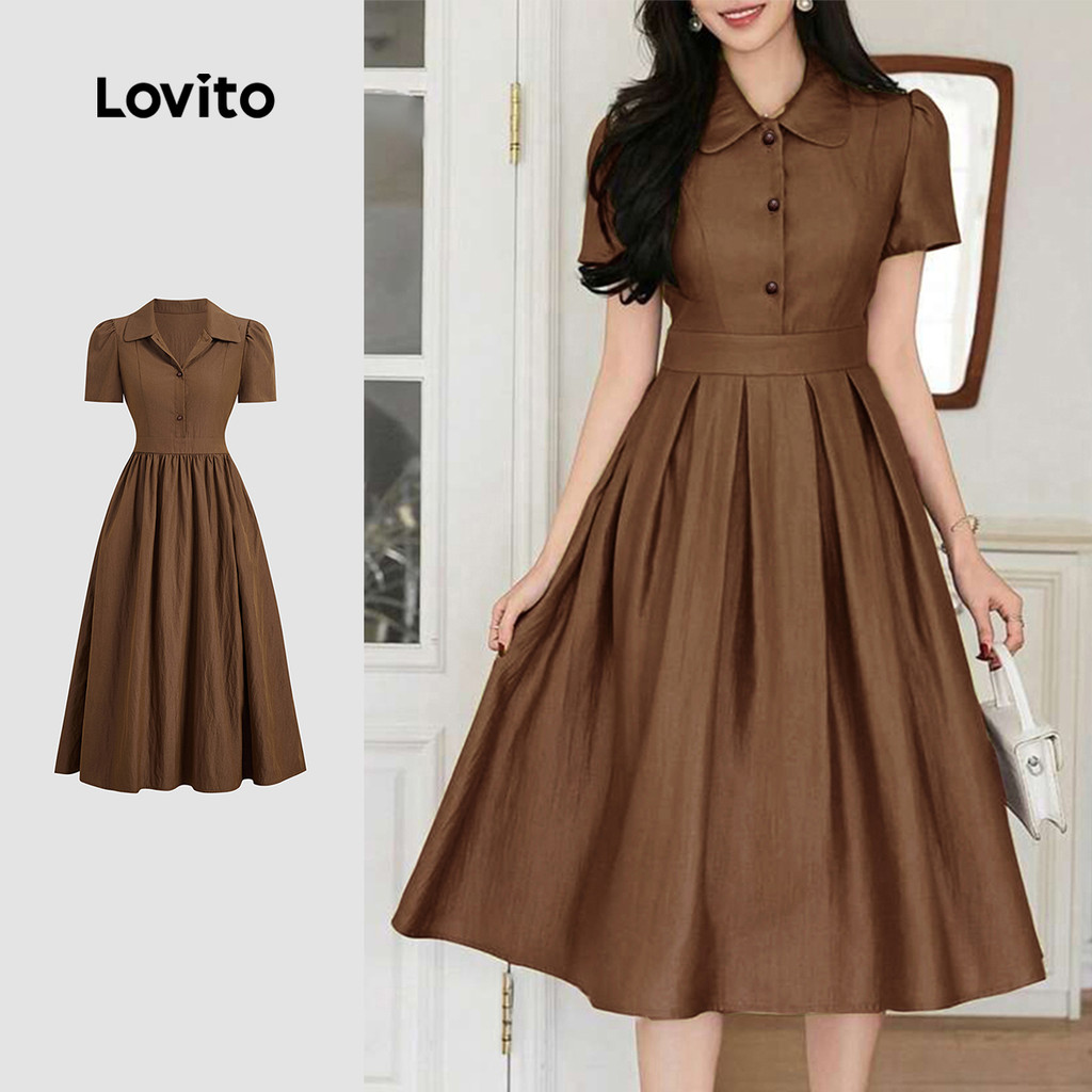 Lovito Vestido Casual de Trapeado com Pregas  Botões  Primavera/verão  Marrom para Mulheres L243AD1875