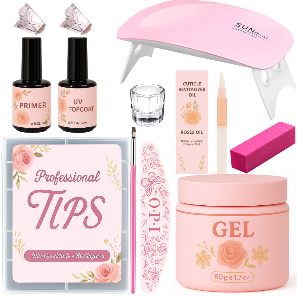 Kit Alongamento De Unha Gel Cabine Estufa Sun Mini 6w + Top Coat + Primer + 100 Unhas Tips/Acrigel/Porcelana em Oferta na Shopee