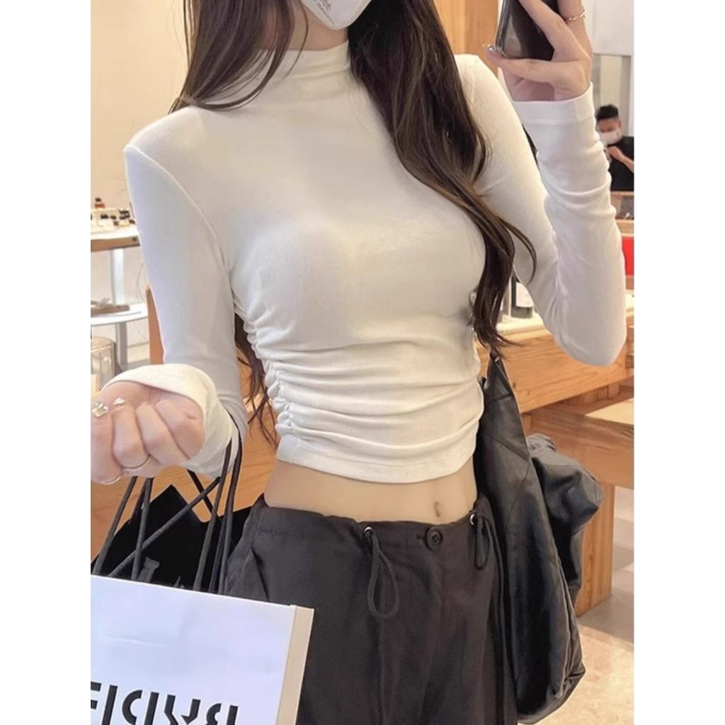 Menina quente branca de manga comprida meia gola alta camisa de fundo feminina outono inverno novo estilo high-End fino-