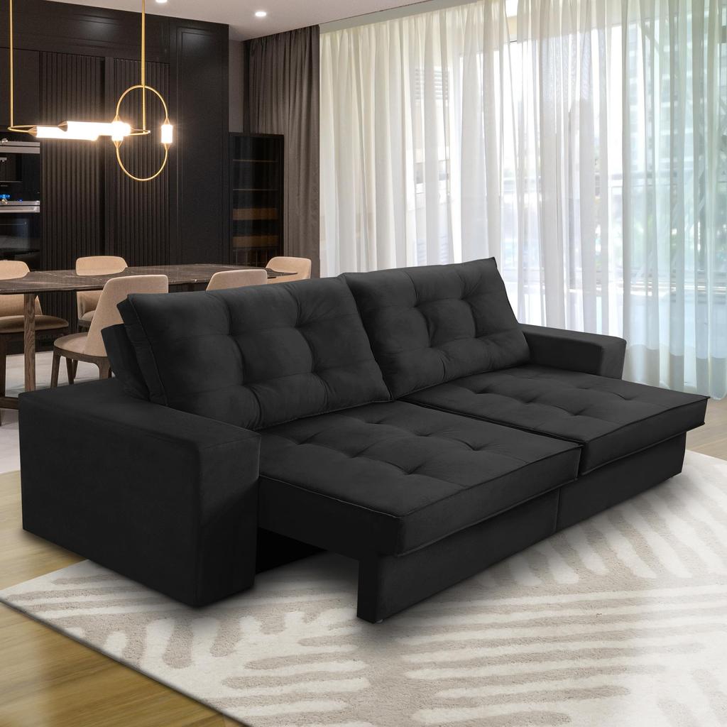 Sofá Retrátil e Reclinável 3 lugares 2,30m com Molas Marcela Suede Preto Adonai Estofados em Oferta na Shopee